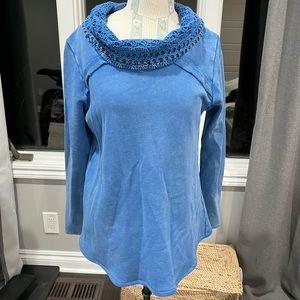 Soft surroundings blue sweatshirt with crocheted cowl neck size small
